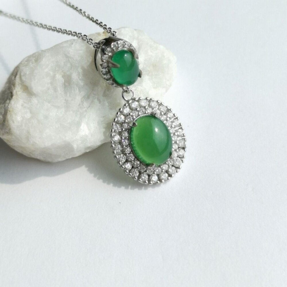 Green Chalcedony CZ Halo Pendant Necklace sterling...